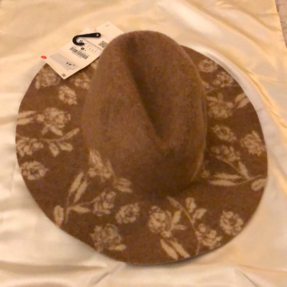 Zara Camel Beige & White Flower Wool Blend Wide Brim Hat Size S NWT - Picture 2 of 12